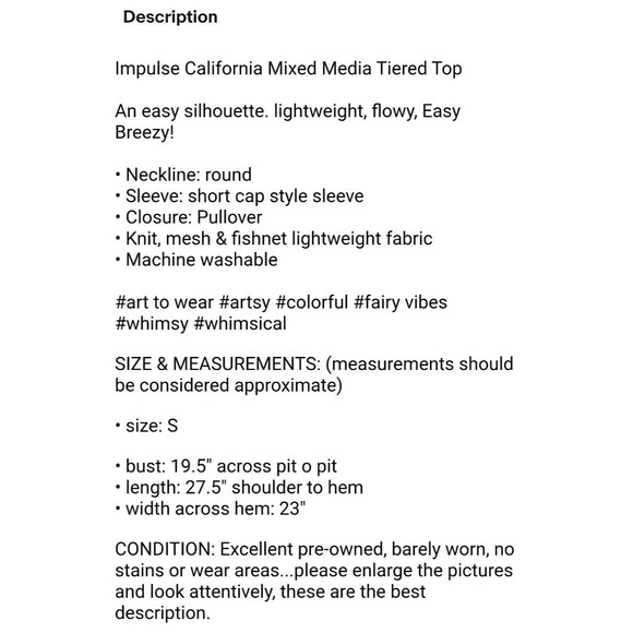 Impulse California Mixed Media Tiered Top  Size S  Abstract Print Wearable Art - Picture 9 of 9